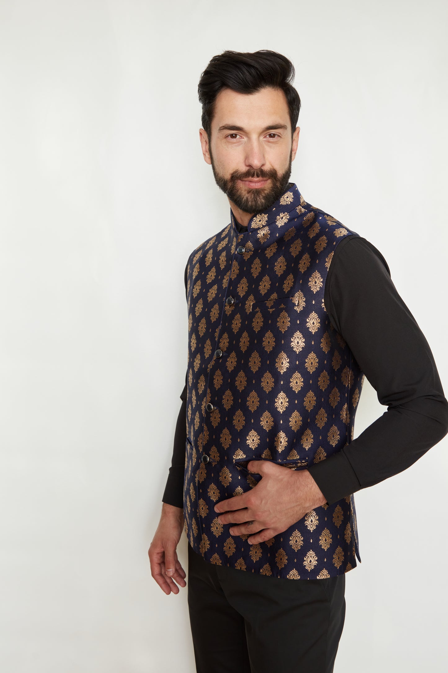 Sapphire Charm Brocade Silk Formal Jacket Vest
