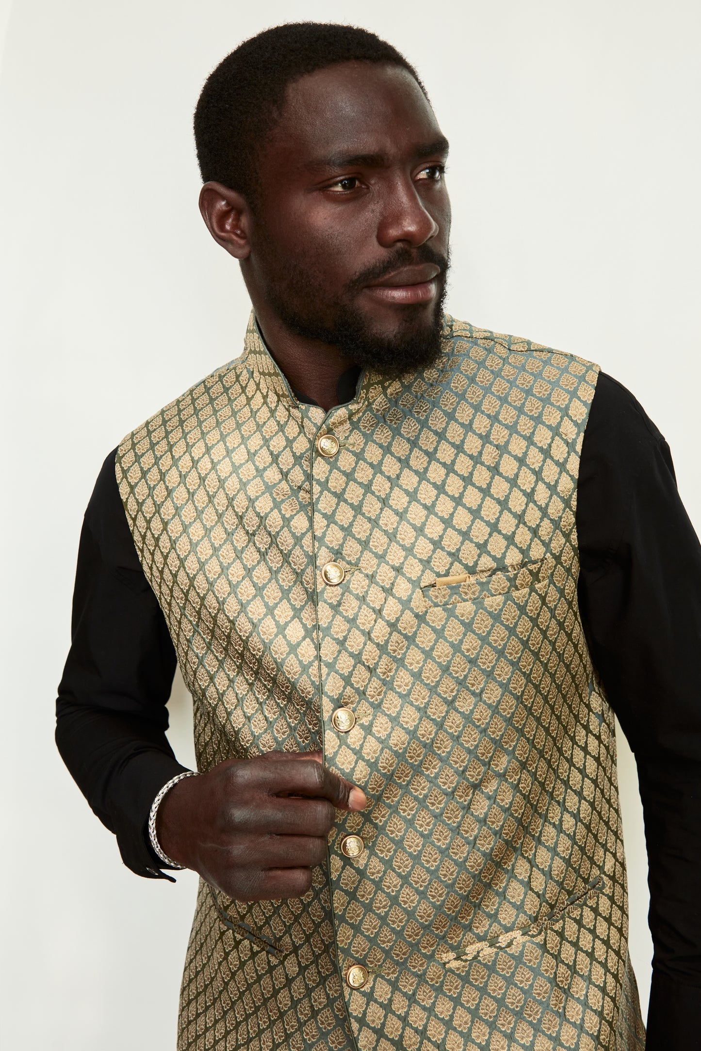 Majestic Sage Brocade Silk Formal Jacket Vest