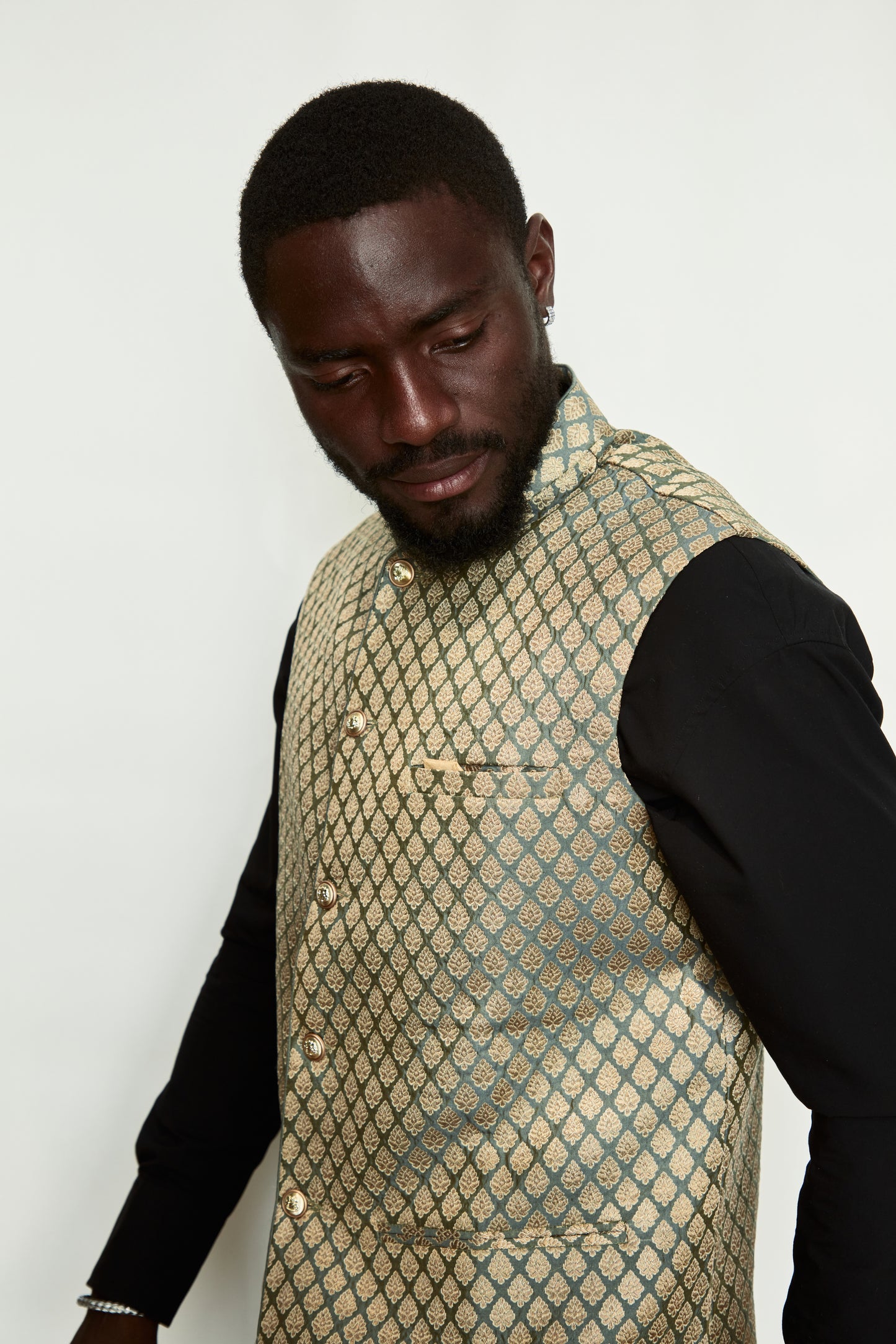 Majestic Sage Brocade Silk Formal Jacket Vest