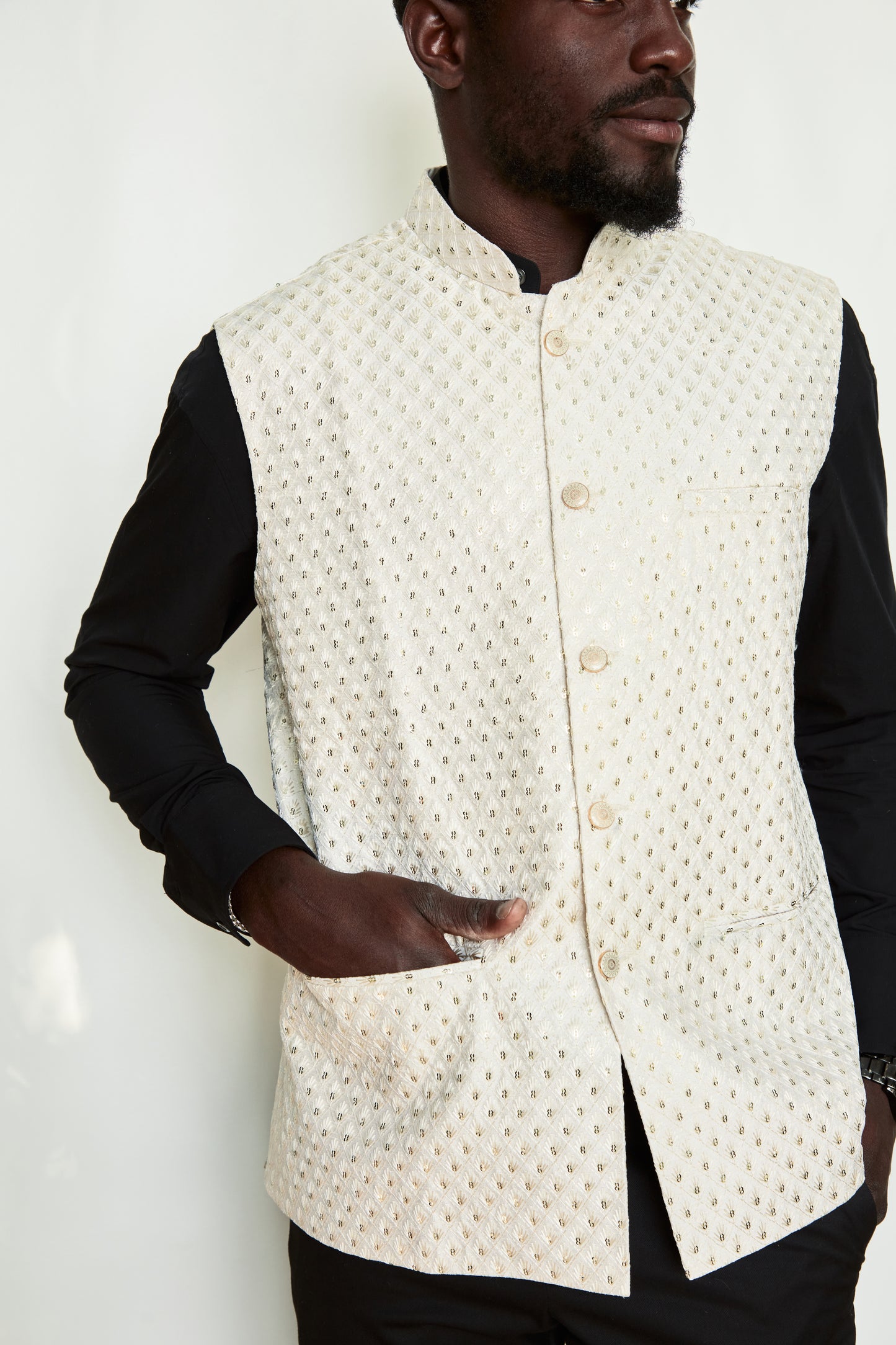 Ivory Fern Sequin Raw Silk Designer Formal Jacket Vest
