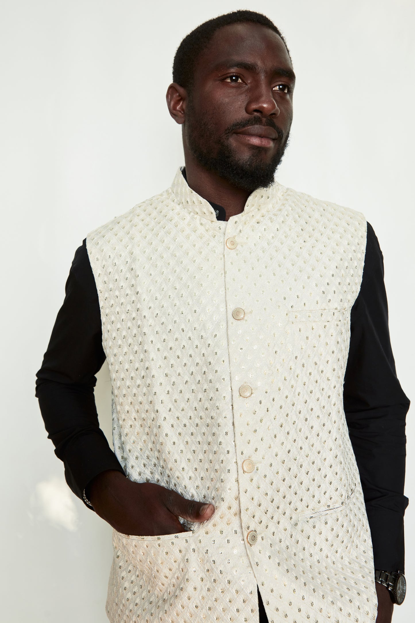 Ivory Fern Sequin Raw Silk Designer Formal Jacket Vest