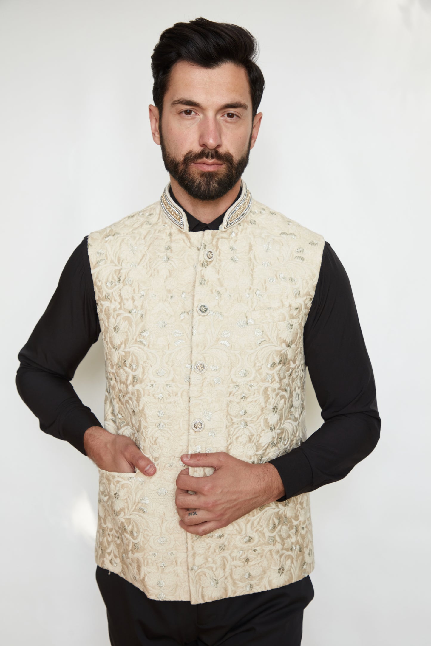 Bejeweled Embroidered Raw Silk Designer Formal Jacket Vest