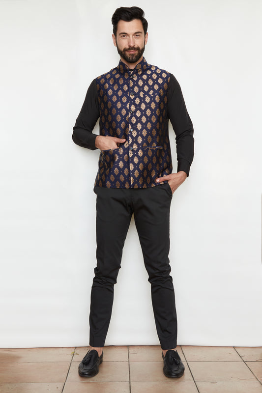 Sapphire Charm Brocade Silk Formal Jacket Vest