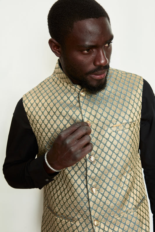 Majestic Sage Brocade Silk Formal Jacket Vest