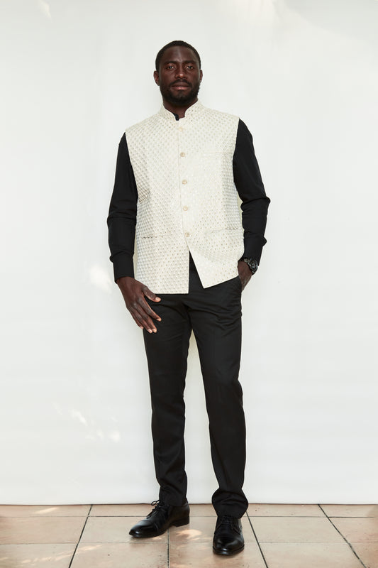 Ivory Fern Sequin Raw Silk Designer Formal Jacket Vest