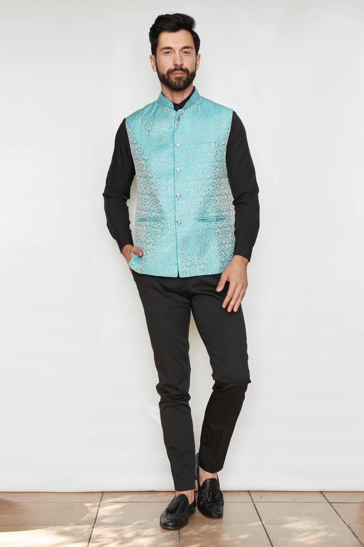 Aquamarine Brocade Silk Formal Jacket Vest