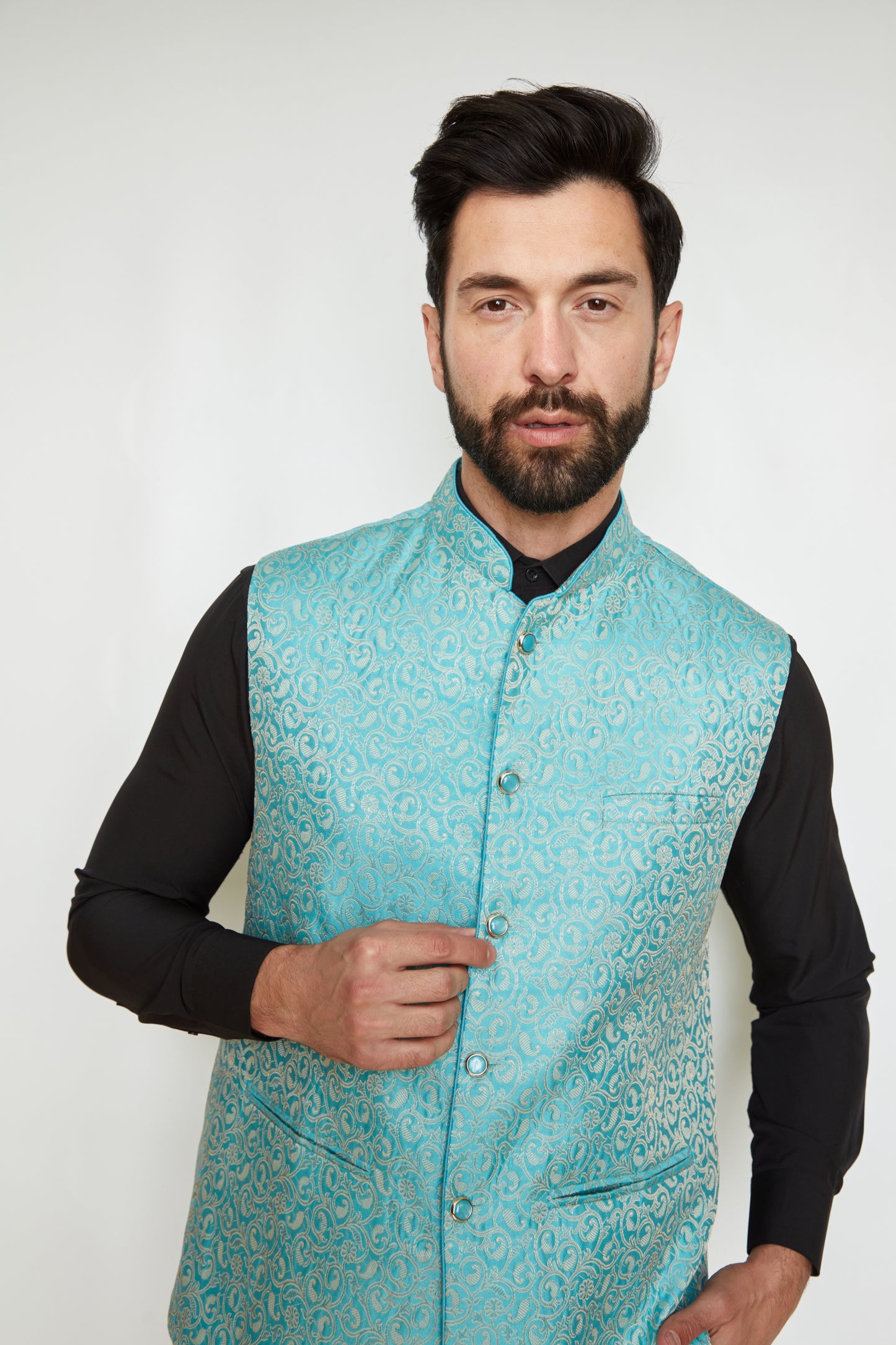 Aquamarine Brocade Silk Formal Jacket Vest